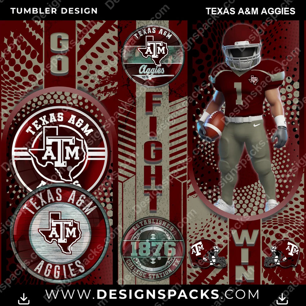 College Sport Go Fight Win Texas A&M Aggies NCAA College Sport Tumbler Digital Wrap Design Download