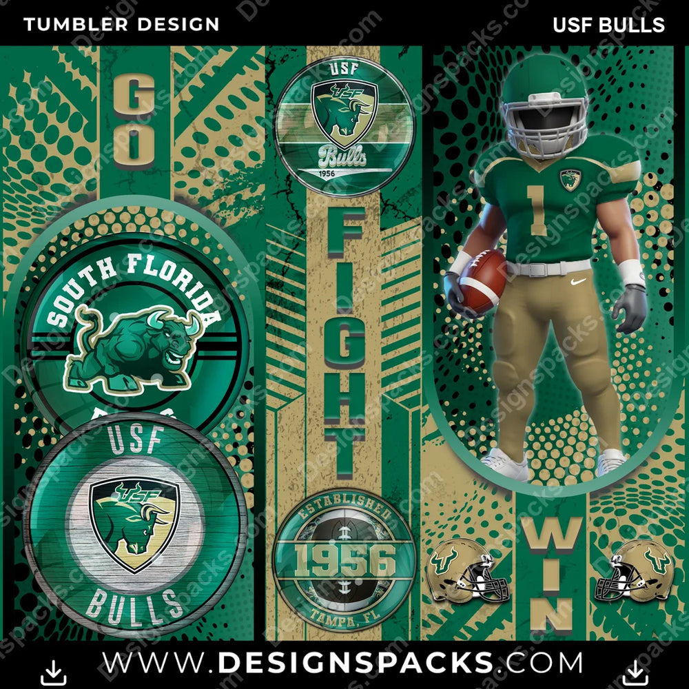 College Sport Go Fight Win USF Bulls NCAA College Sport Tumbler Digital Wrap Design Download