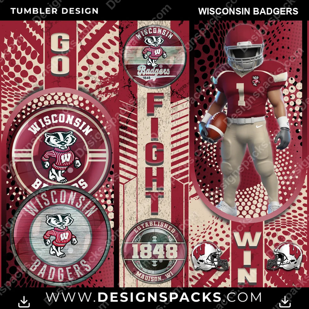 College Sport Go Fight Win Wisconsin Badgers NCAA College Sport Tumbler Digital Wrap Design Download