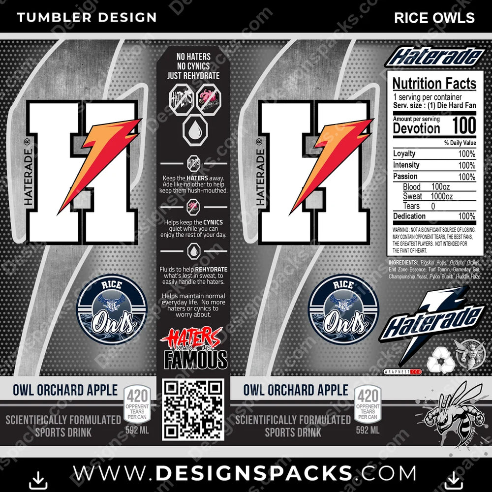 College Sport Haterade Rice Owls NCAA College Sport Tumbler Digital Wrap Design Download