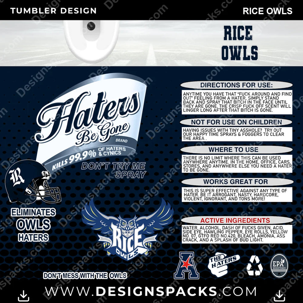 College Sport Haters Be Gone Rice Owls NCAA College Sport Tumbler Digital Wrap Design Download