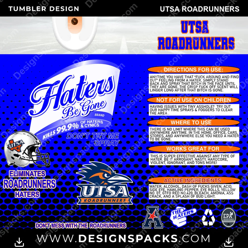 College Sport Haters Be Gone UTSA Roadrunners NCAA College Sport Tumbler Digital Wrap Design Download