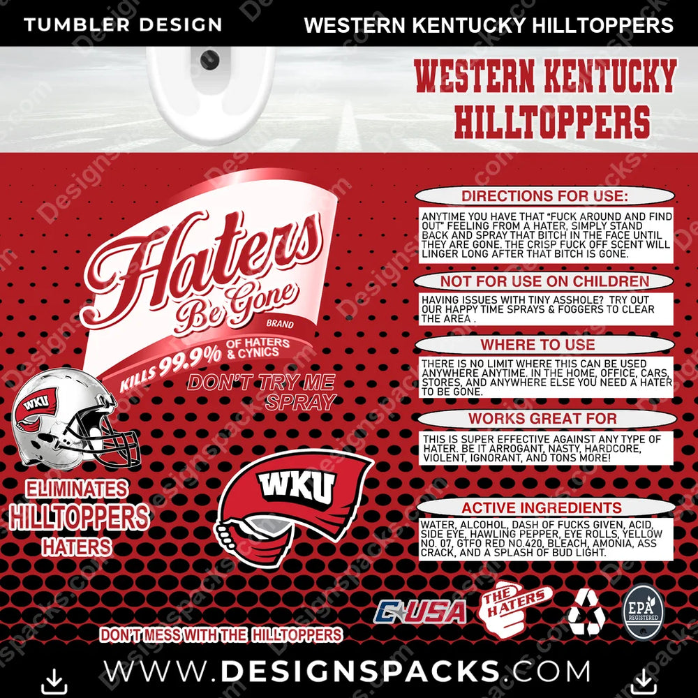 College Sport Haters Be Gone Western Kentucky Hilltoppers NCAA College Sport Tumbler Digital Wrap Design Download