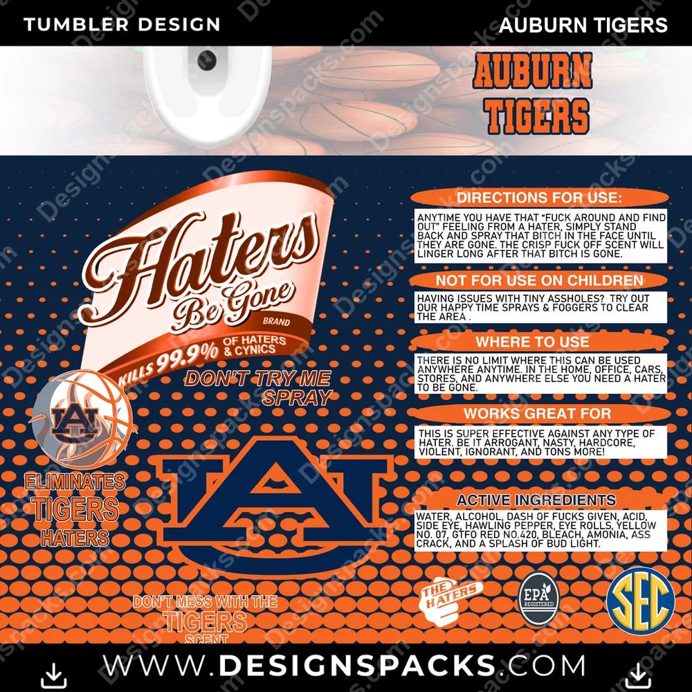 College Sport Hates Be Gone (MBB) Auburn Tigers NCAA College Sport Tumbler Digital Wrap Design Download