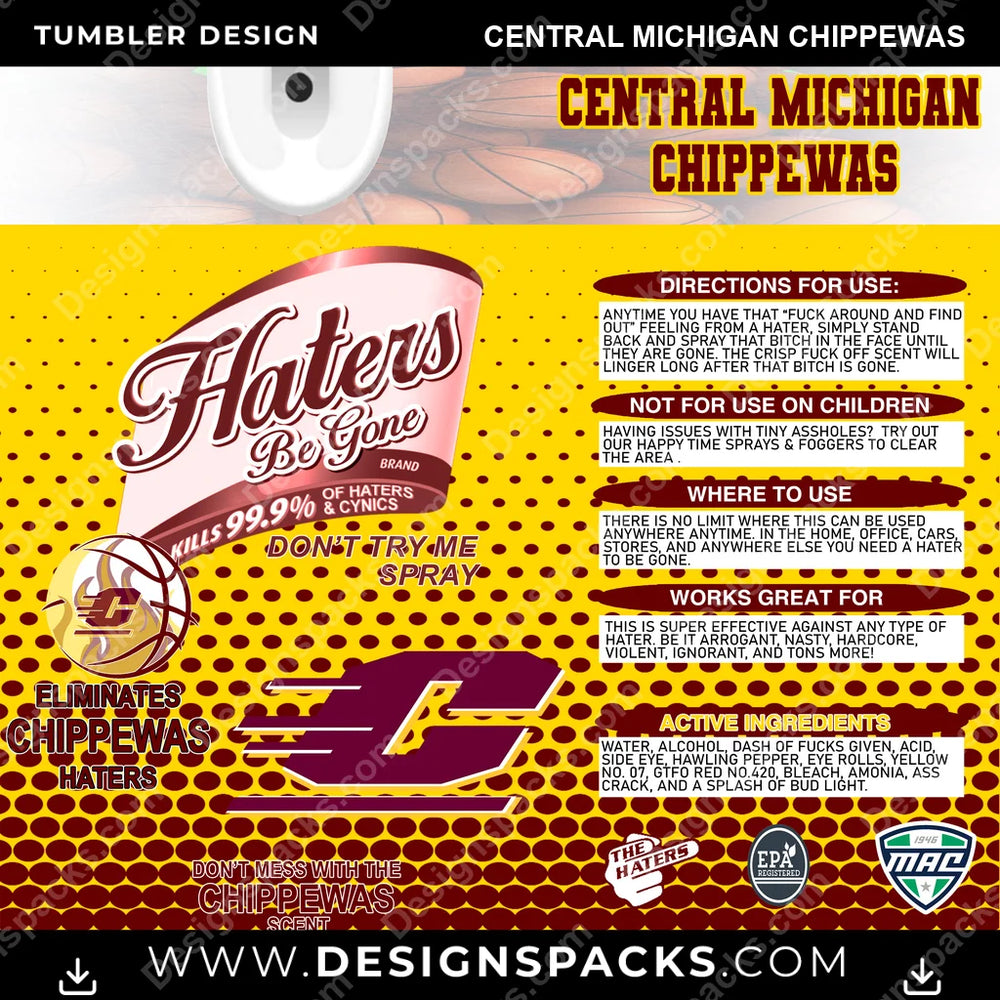 College Sport Hates Be Gone (MBB) Central Michigan Chippewas NCAA College Sport Tumbler Digital Wrap Design Download