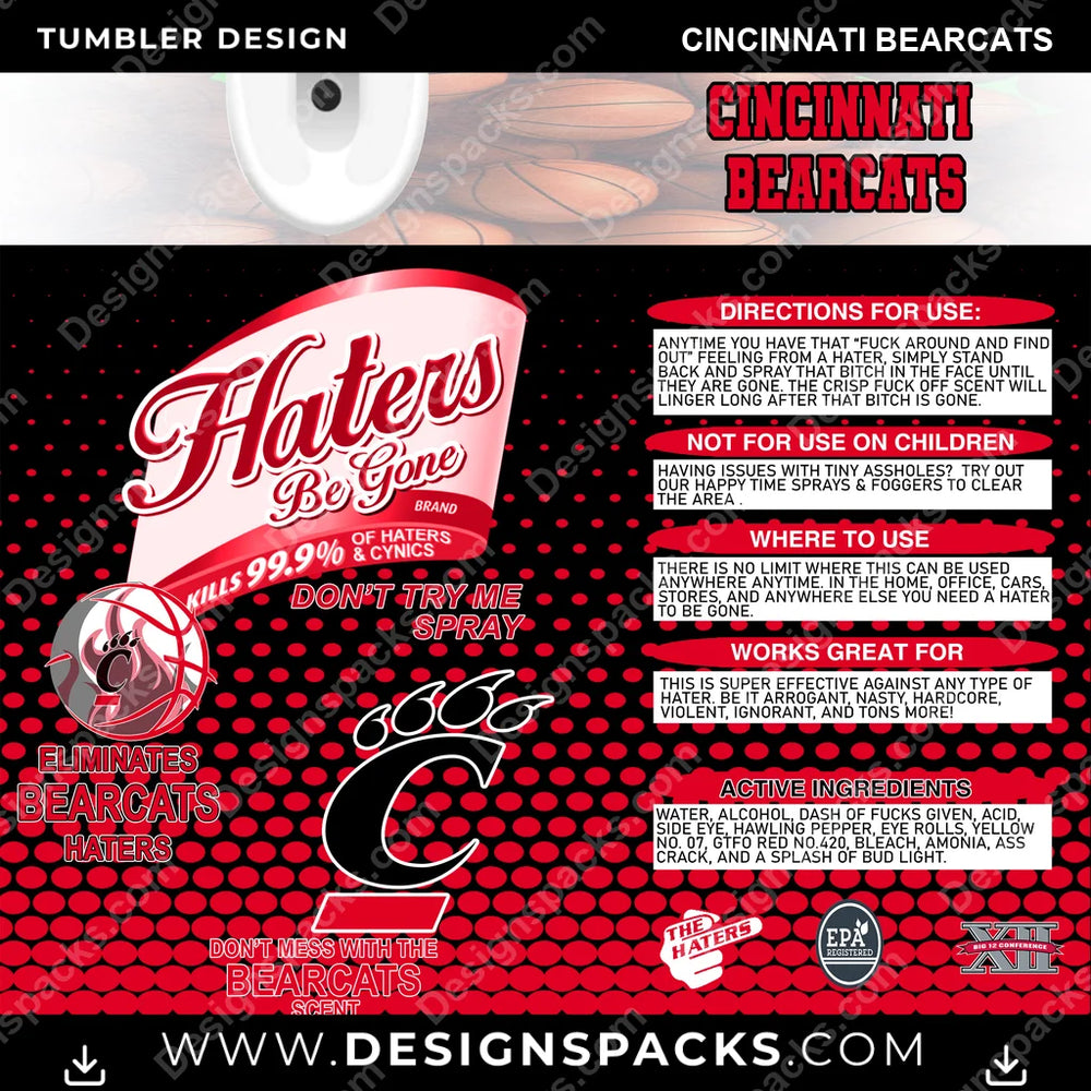 College Sport Hates Be Gone (MBB) Cincinnati Bearcats NCAA College Sport Tumbler Digital Wrap Design Download