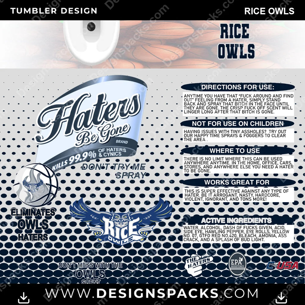 College Sport Hates Be Gone (MBB) Rice Owls NCAA College Sport Tumbler Digital Wrap Design Download
