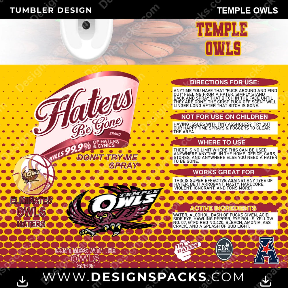 College Sport Hates Be Gone (MBB) Temple Owls NCAA College Sport Tumbler Digital Wrap Design Download