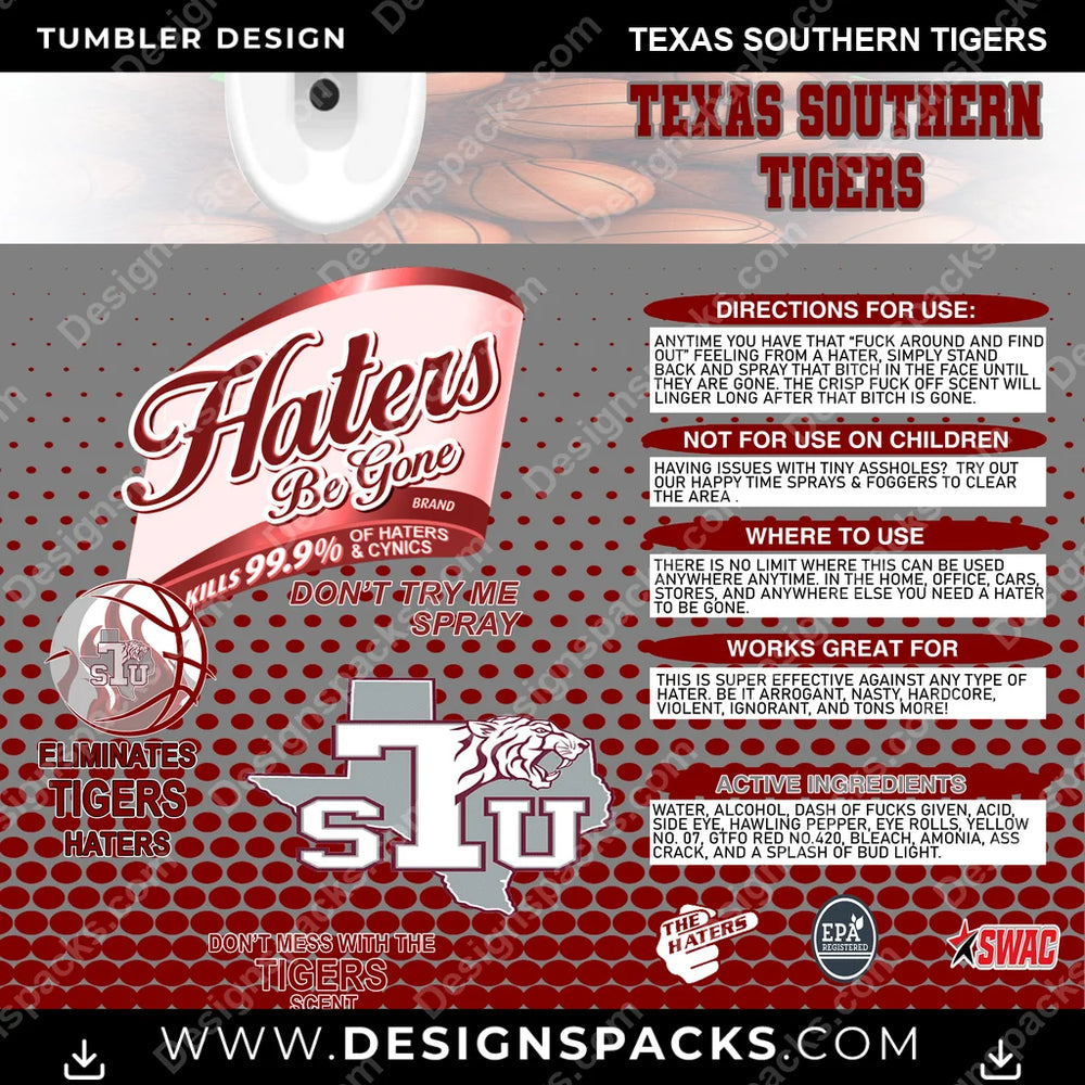 College Sport Hates Be Gone (MBB) Texas Southern Tigers NCAA College Sport Tumbler Digital Wrap Design Download