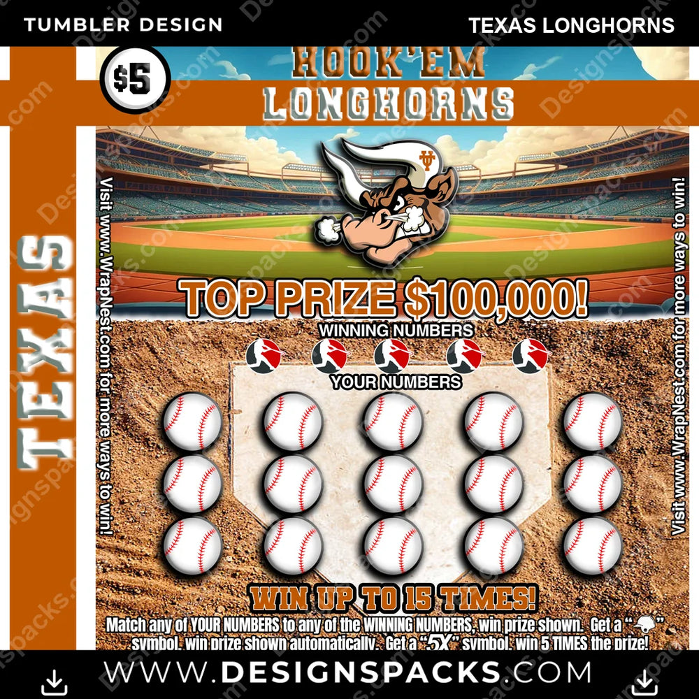College Sport Lottery Ticket (BASEBALL) Texas Longhorns NCAA College Sport Tumbler Digital Wrap Design Download