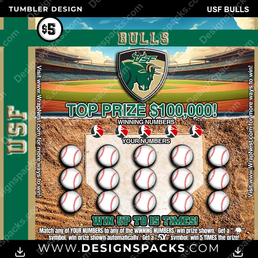 College Sport Lottery Ticket (BASEBALL) USF Bulls NCAA College Sport Tumbler Digital Wrap Design Download