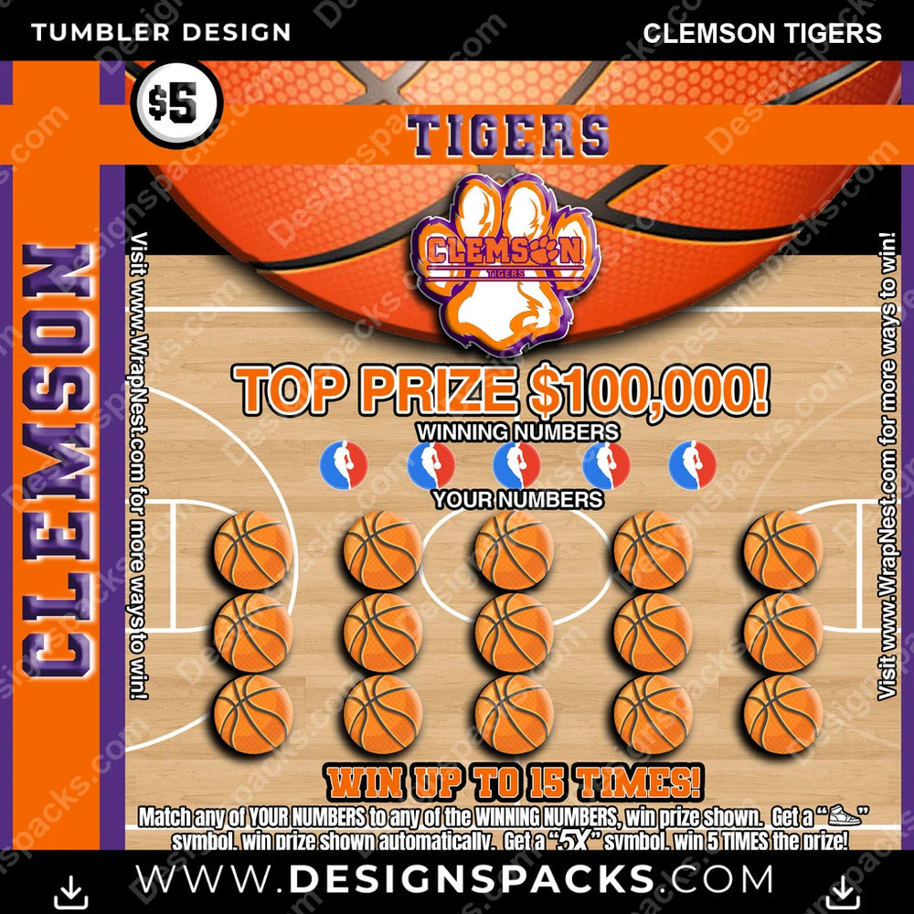 College Sport Lottery Ticket (BASKETBALL) Clemson Tigers NCAA College Sport Tumbler Digital Wrap Design Download