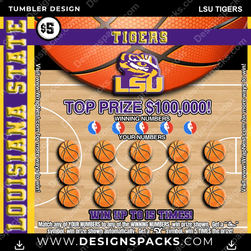 College Sport Lottery Ticket (BASKETBALL) LSU Tigers NCAA College Sport Tumbler Digital Wrap Design Download