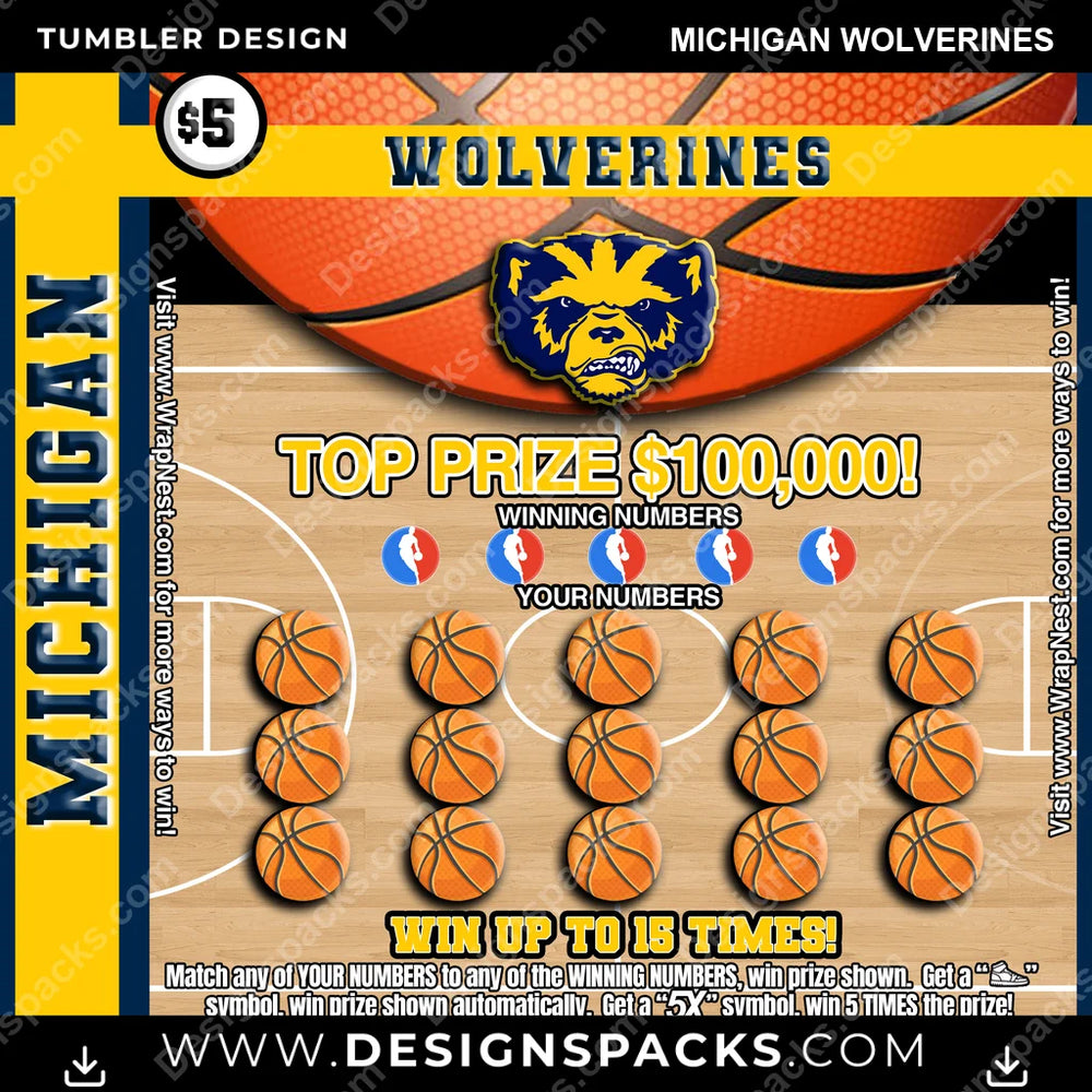 College Sport Lottery Ticket (BASKETBALL) Michigan Wolverines NCAA College Sport Tumbler Digital Wrap Design Download