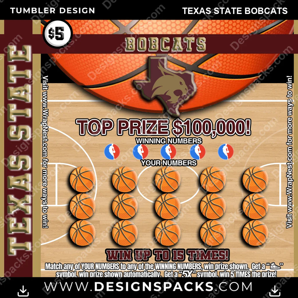 College Sport Lottery Ticket (BASKETBALL) Texas State Bobcats NCAA College Sport Tumbler Digital Wrap Design Download