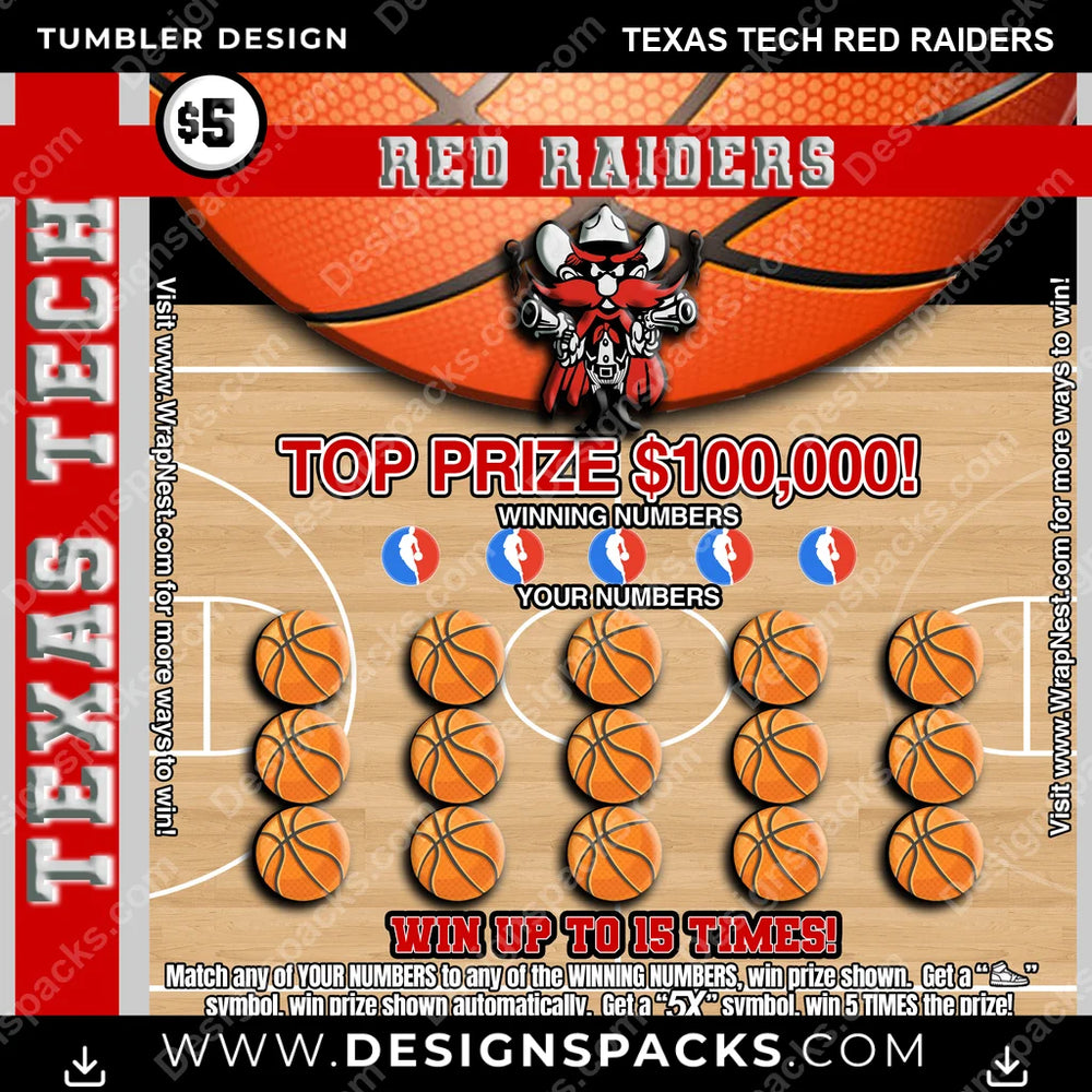 College Sport Lottery Ticket (BASKETBALL) Texas Tech Red Raiders NCAA College Sport Tumbler Digital Wrap Design Download