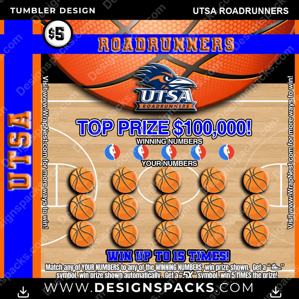 College Sport Lottery Ticket (BASKETBALL) UTSA Roadrunners NCAA College Sport Tumbler Digital Wrap Design Download