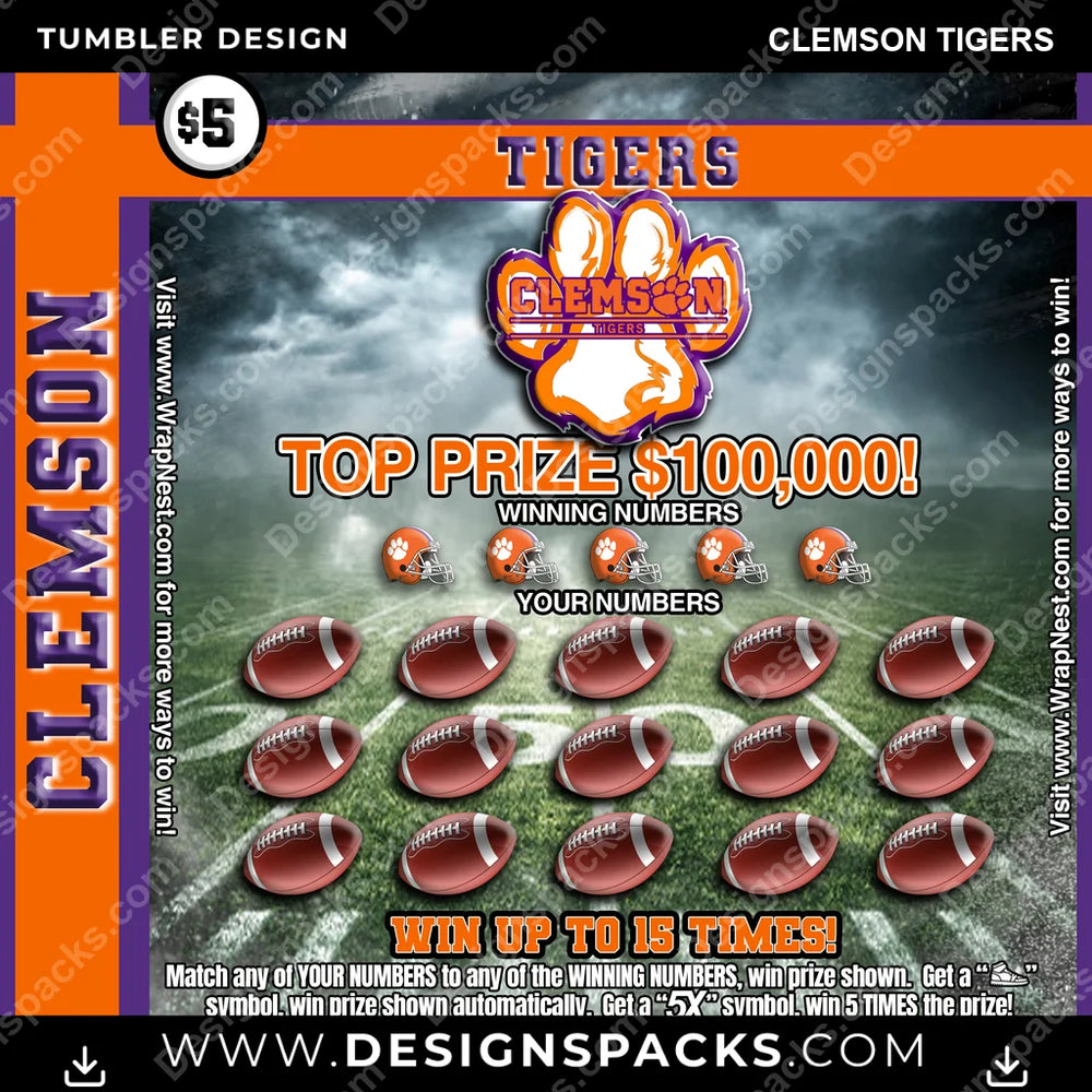 College Sport Lottery Ticket (FOOTBALL) Clemson Tigers NCAA College Sport Tumbler Digital Wrap Design Download