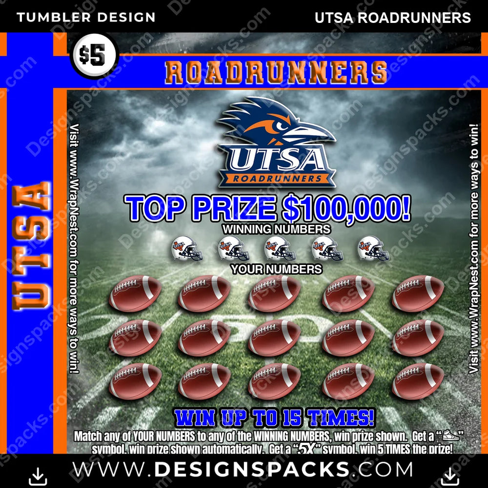 College Sport Lottery Ticket (FOOTBALL) UTSA Roadrunners NCAA College Sport Tumbler Digital Wrap Design Download