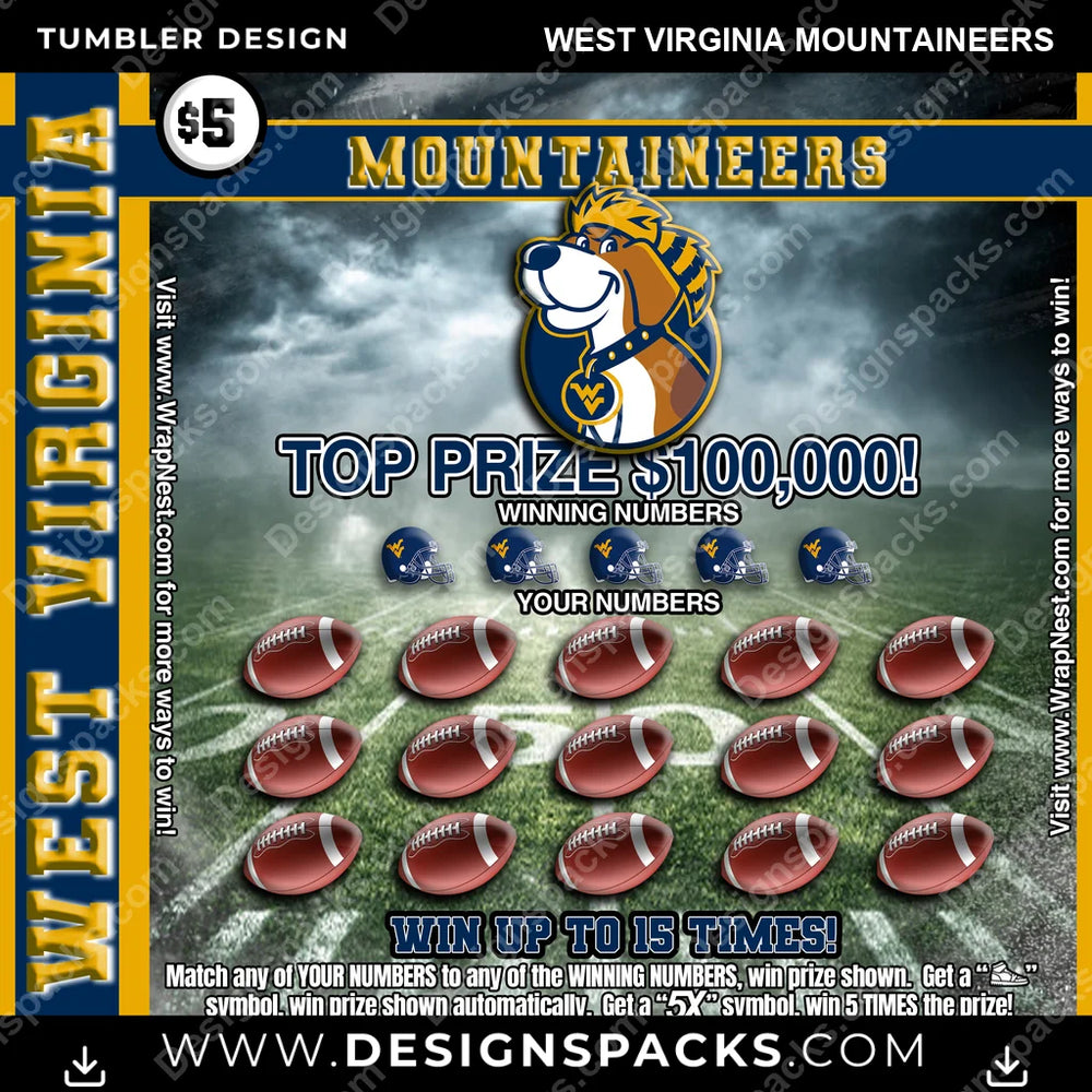 College Sport Lottery Ticket (FOOTBALL) West Virginia Mountaineers NCAA College Sport Tumbler Digital Wrap Design Download