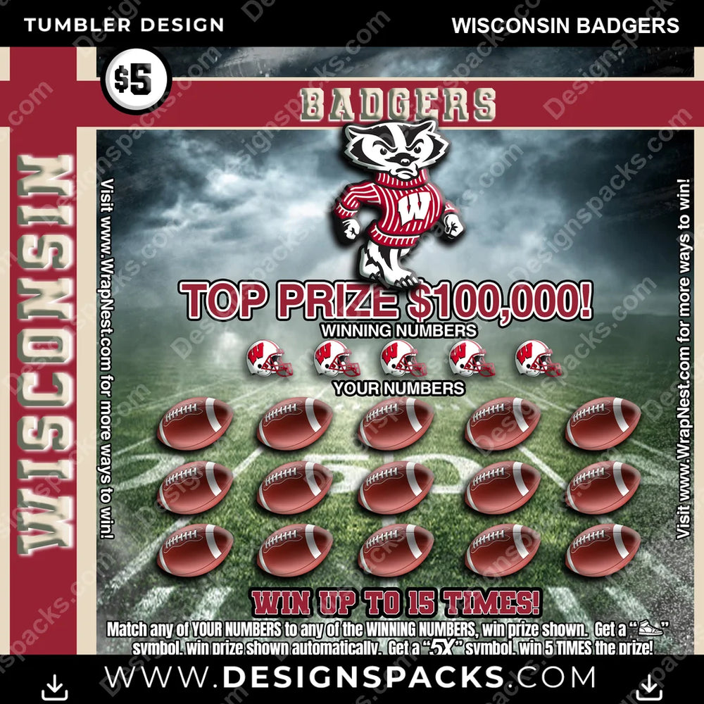 College Sport Lottery Ticket (FOOTBALL) Wisconsin Badgers NCAA College Sport Tumbler Digital Wrap Design Download
