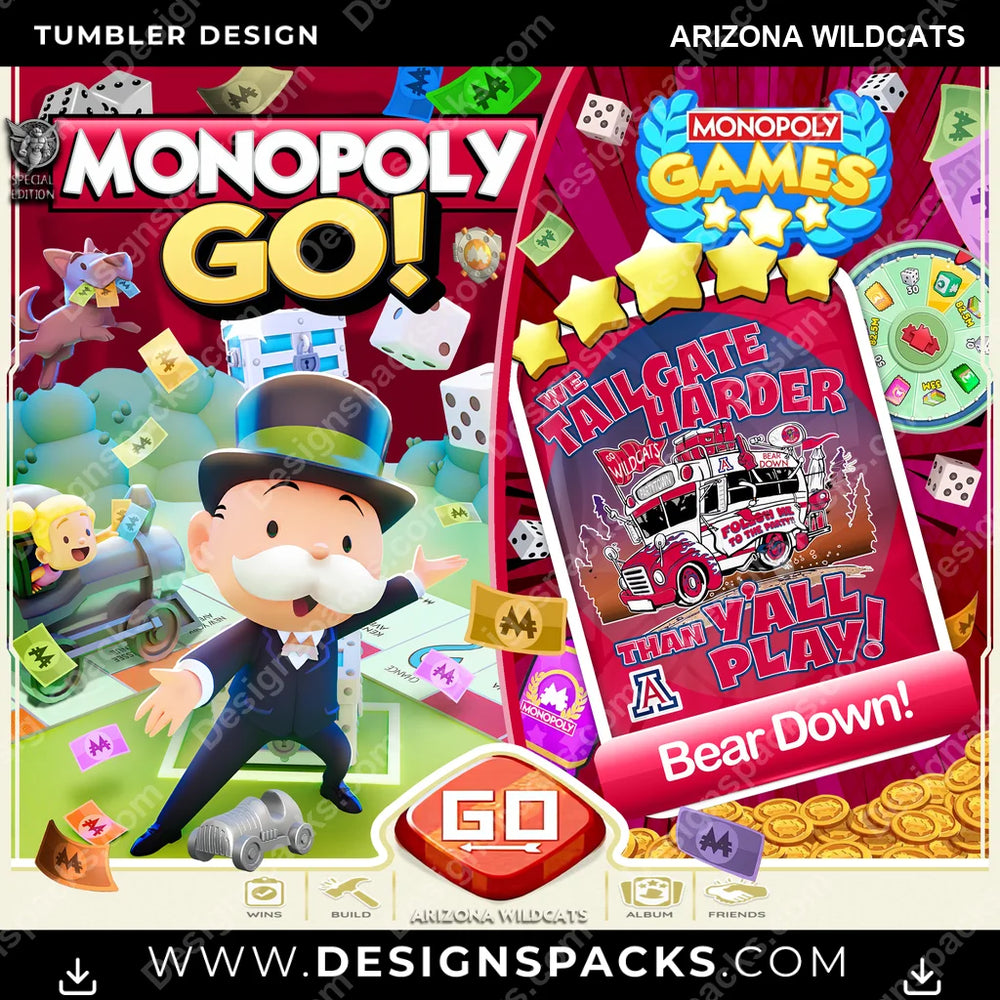 College Sport Monopoly Go! Arizona Wildcats NCAA College Sport Tumbler Digital Wrap Design Download