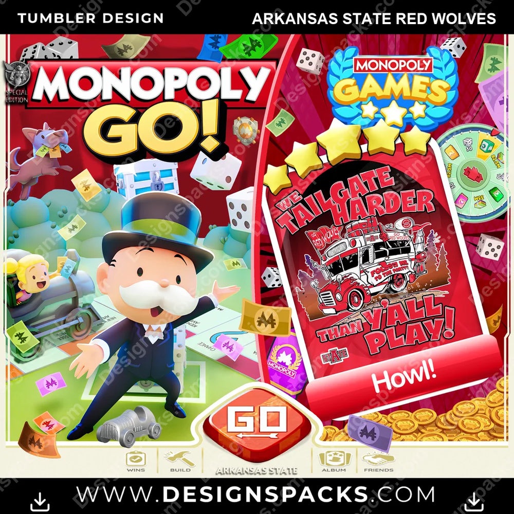 College Sport Monopoly Go! Arkansas State Red Wolves NCAA College Sport Tumbler Digital Wrap Design Download