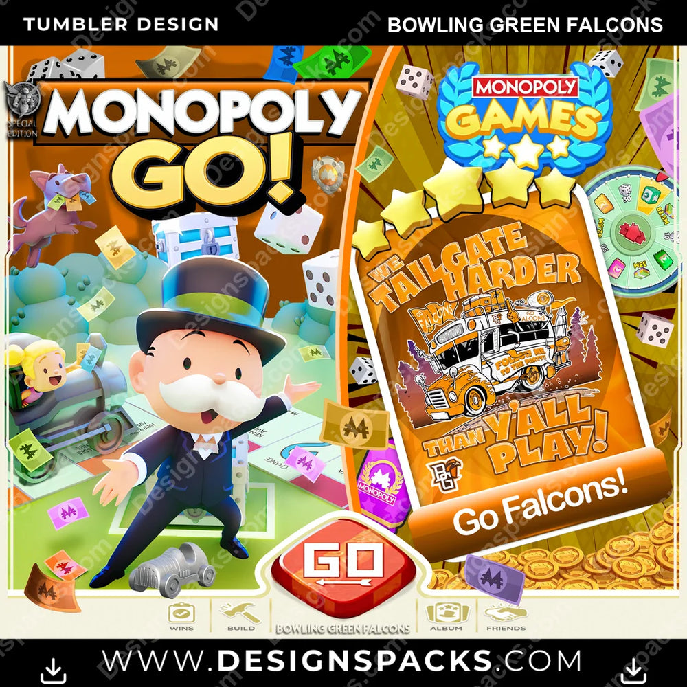 College Sport Monopoly Go! Bowling Green Falcons NCAA College Sport Tumbler Digital Wrap Design Download
