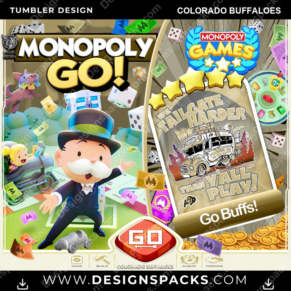 College Sport Monopoly Go! Colorado Buffaloes NCAA College Sport Tumbler Digital Wrap Design Download