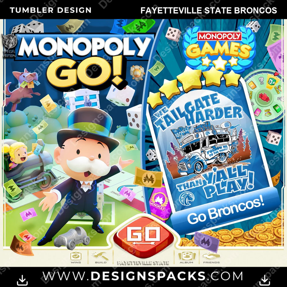 College Sport Monopoly Go! Fayetteville State Broncos NCAA College Sport Tumbler Digital Wrap Design Download
