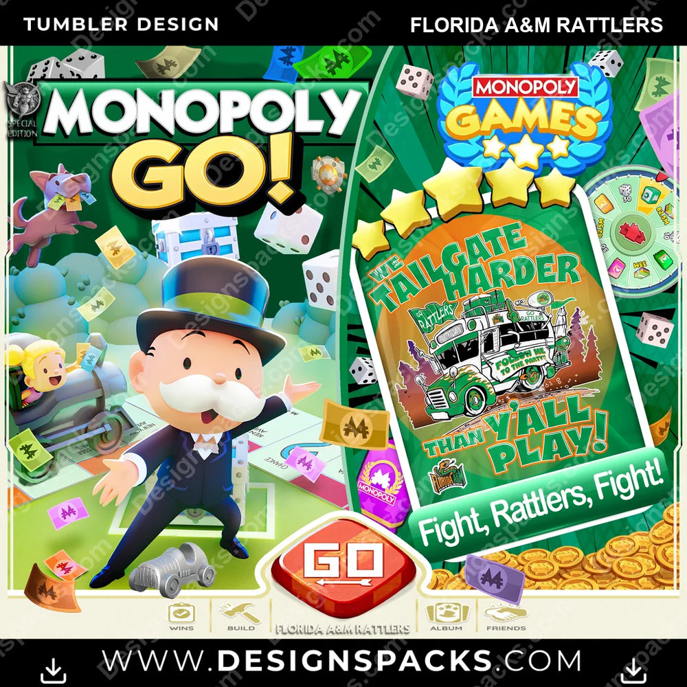 College Sport Monopoly Go! Florida A&M Rattlers NCAA College Sport Tumbler Digital Wrap Design Download