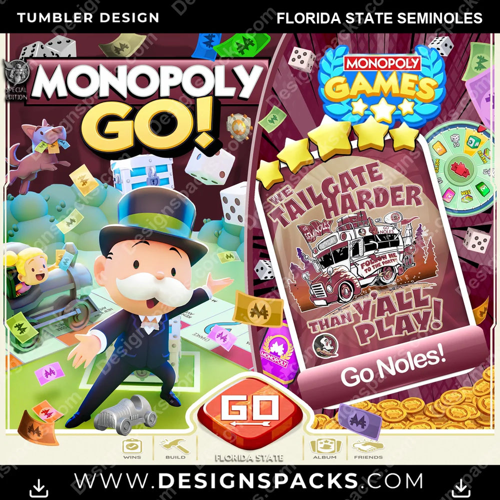College Sport Monopoly Go! Florida State Seminoles NCAA College Sport Tumbler Digital Wrap Design Download