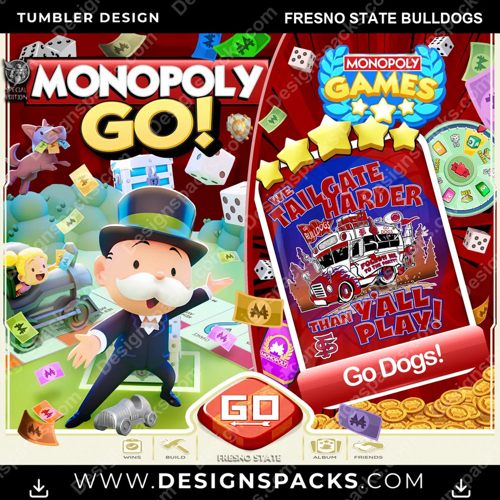 College Sport Monopoly Go! Fresno State Bulldogs NCAA College Sport Tumbler Digital Wrap Design Download