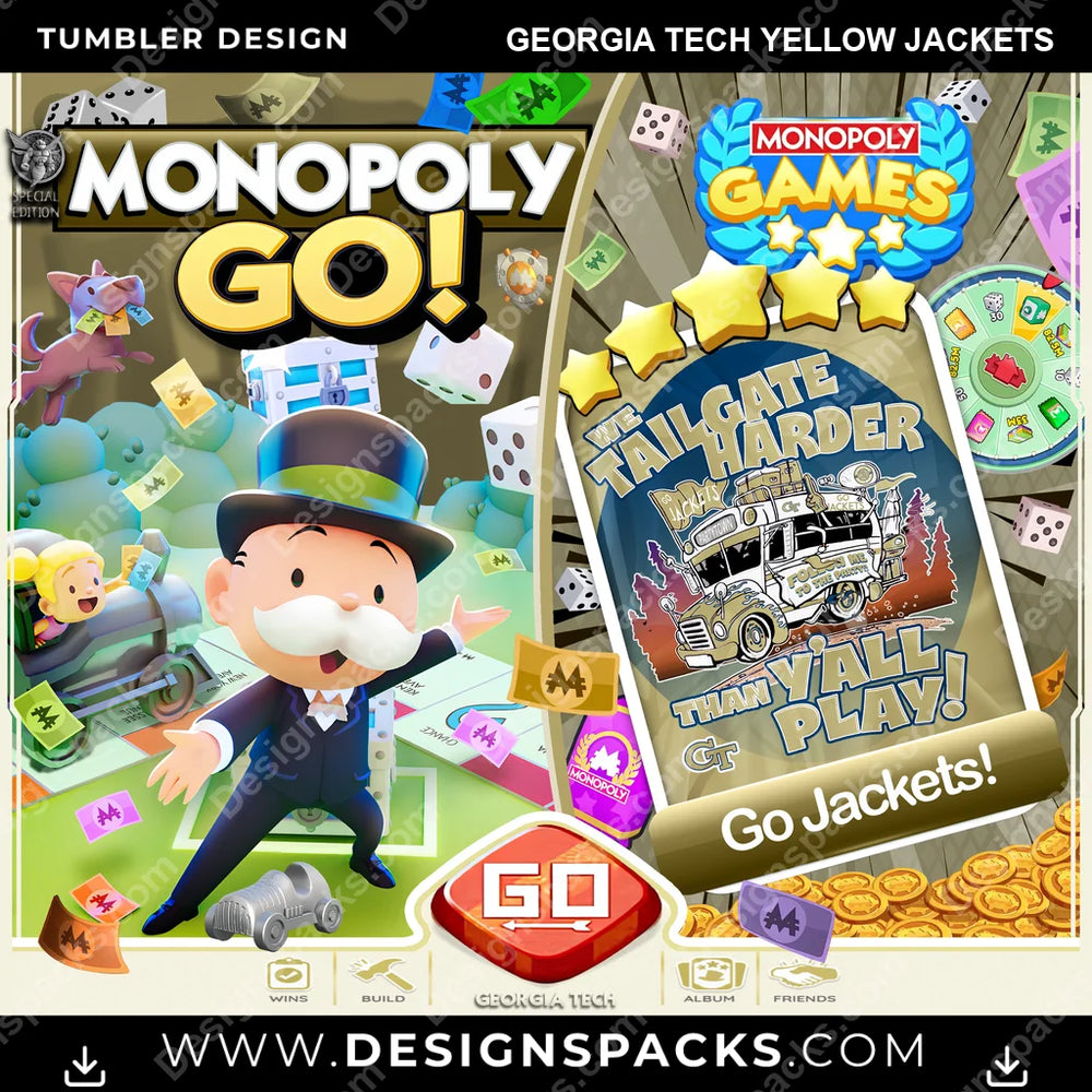 College Sport Monopoly Go! Georgia Tech Yellow Jackets NCAA College Sport Tumbler Digital Wrap Design Download