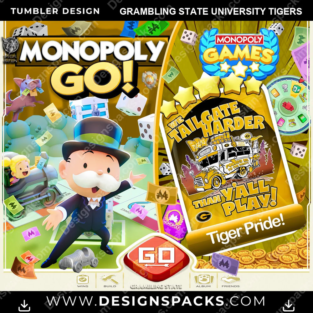 College Sport Monopoly Go! Grambling State University Tigers NCAA College Sport Tumbler Digital Wrap Design Download
