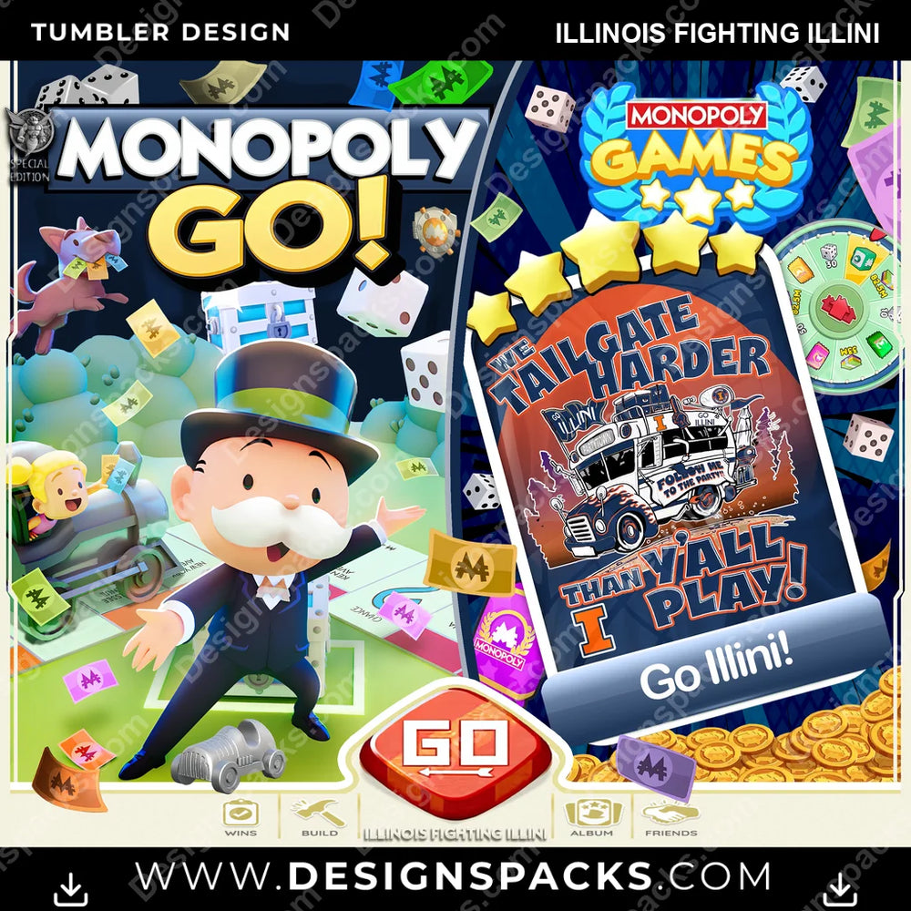 College Sport Monopoly Go! Illinois Fighting Illini NCAA College Sport Tumbler Digital Wrap Design Download