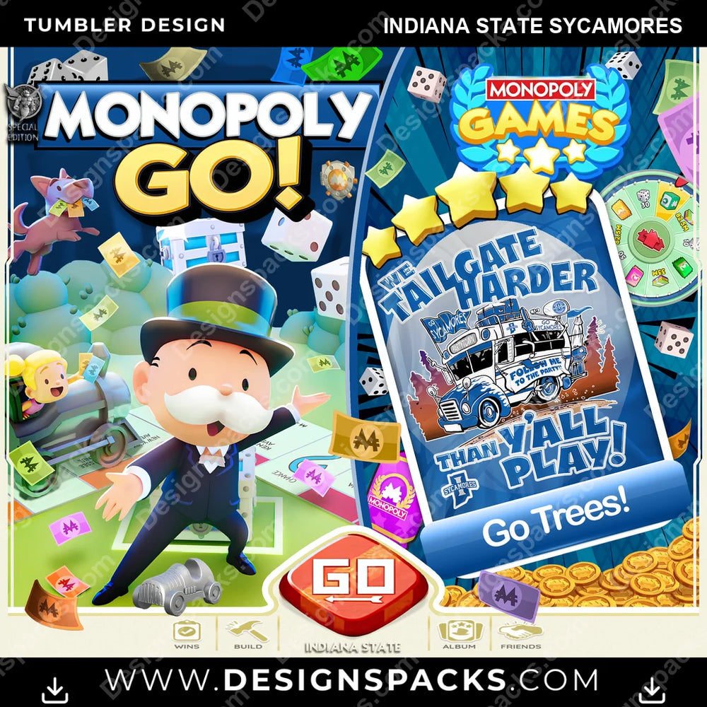 College Sport Monopoly Go! Indiana State Sycamores NCAA College Sport Tumbler Digital Wrap Design Download