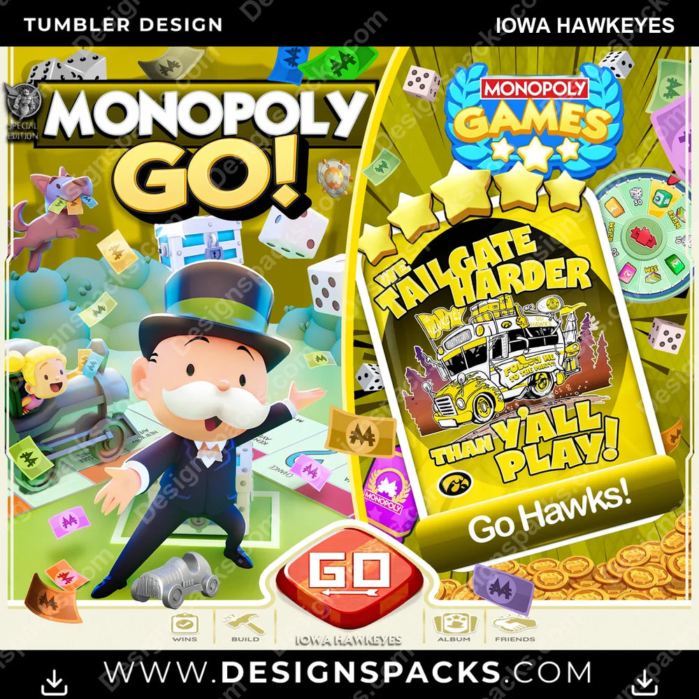 College Sport Monopoly Go! Iowa Hawkeyes NCAA College Sport Tumbler Digital Wrap Design Download