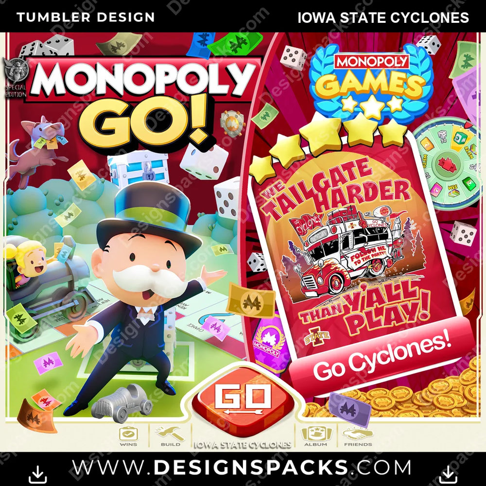 College Sport Monopoly Go! Iowa State Cyclones NCAA College Sport Tumbler Digital Wrap Design Download