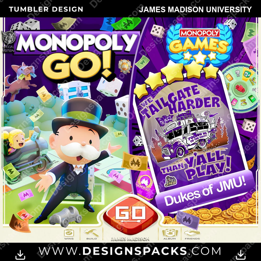 College Sport Monopoly Go! James Madison University NCAA College Sport Tumbler Digital Wrap Design Download