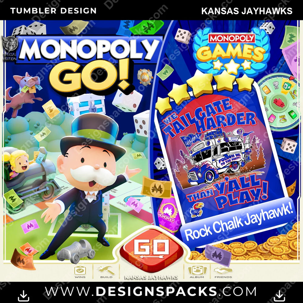 College Sport Monopoly Go! Kansas Jayhawks NCAA College Sport Tumbler Digital Wrap Design Download