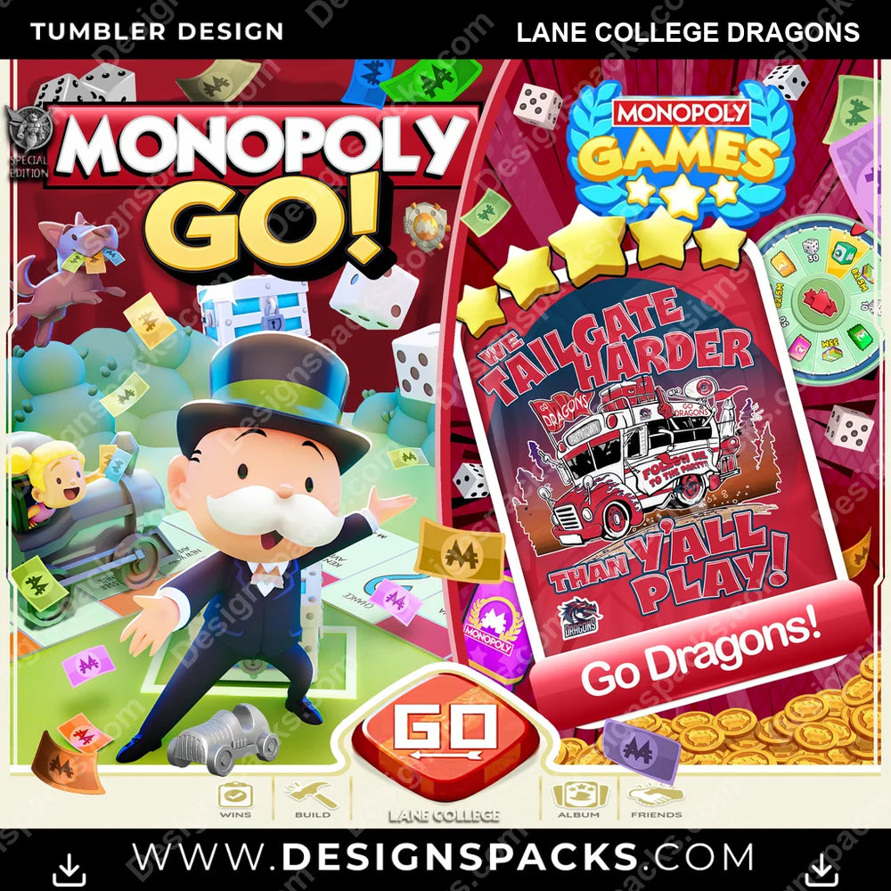 College Sport Monopoly Go! Lane College Dragons NCAA College Sport Tumbler Digital Wrap Design Download