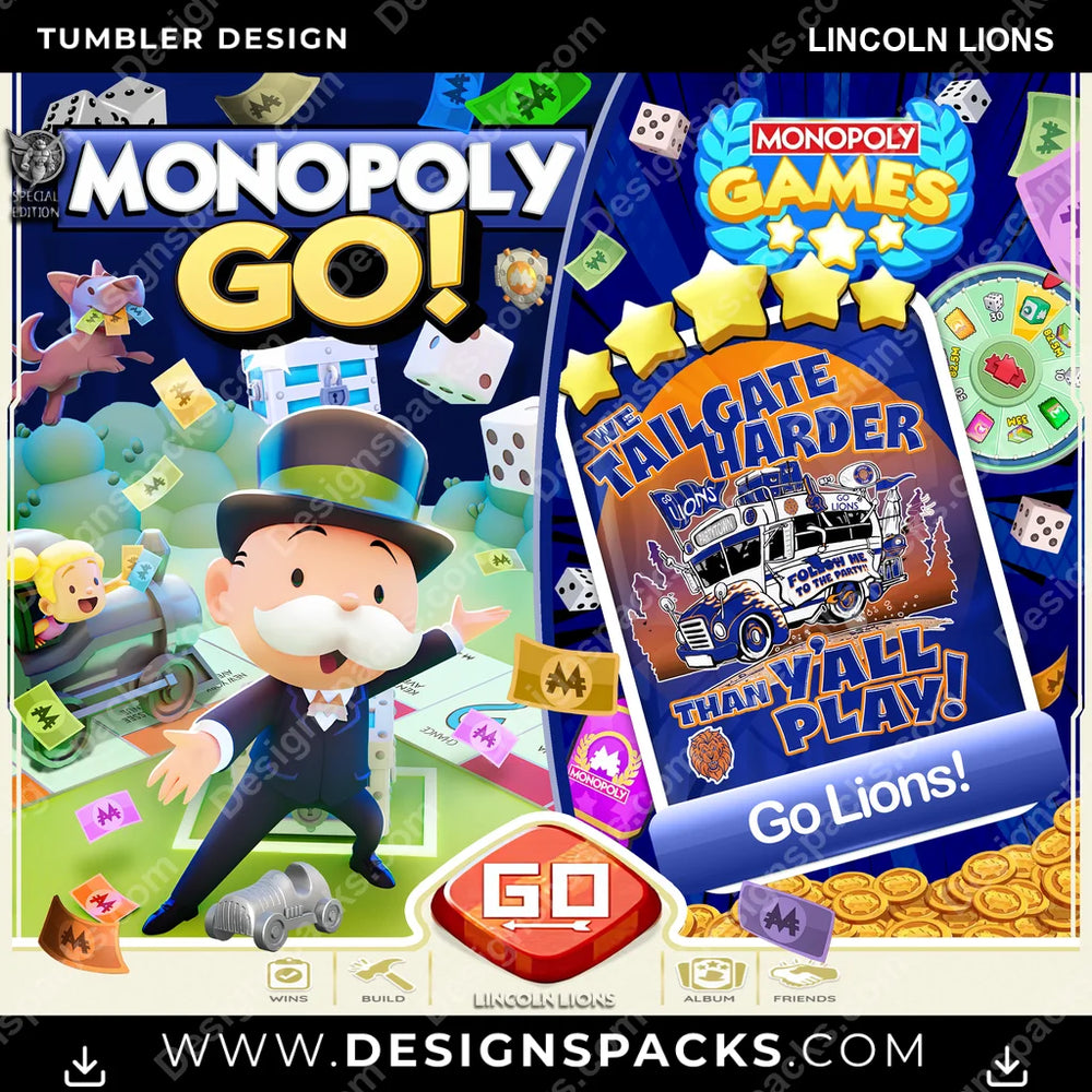 College Sport Monopoly Go! Lincoln Lions NCAA College Sport Tumbler Digital Wrap Design Download