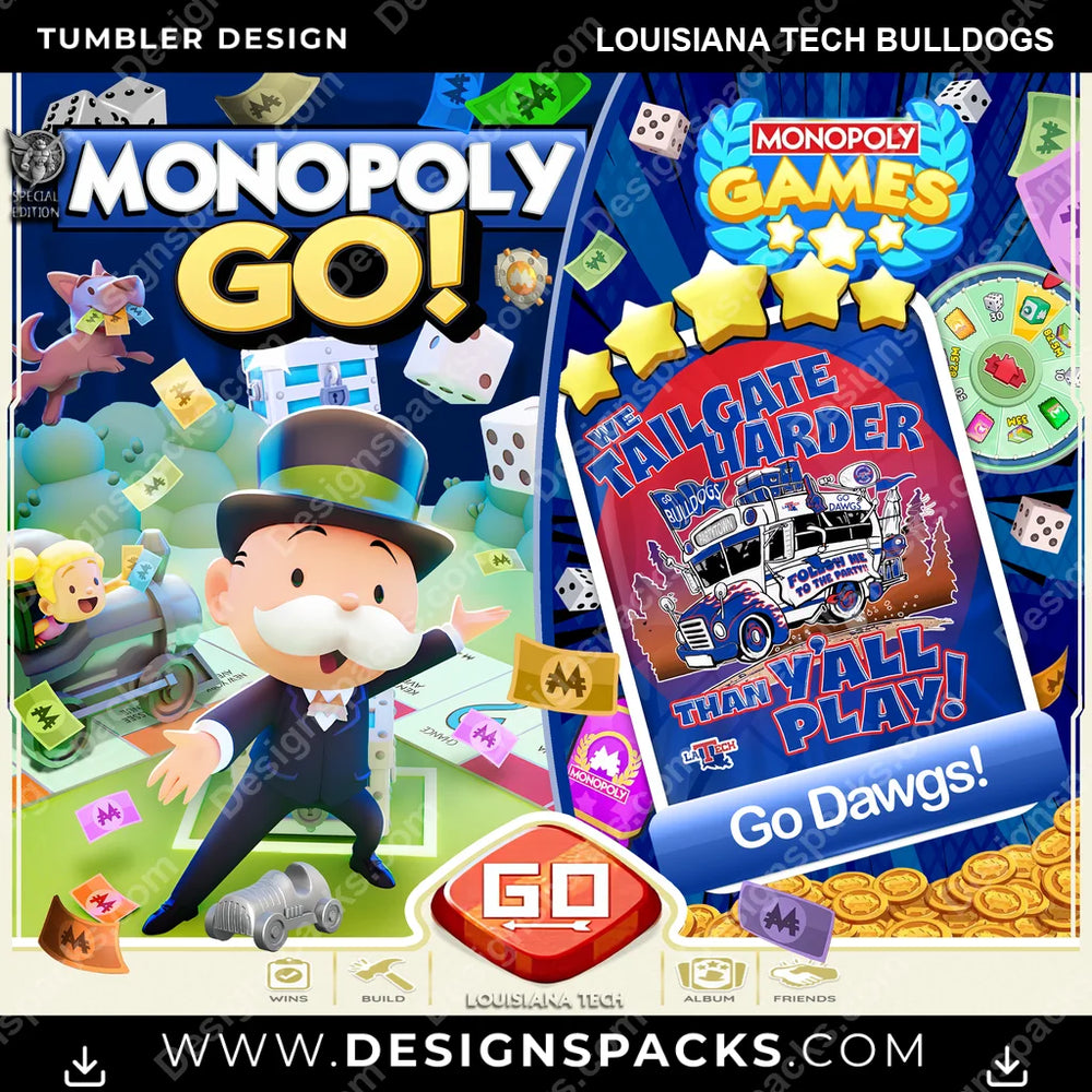College Sport Monopoly Go! Louisiana Tech Bulldogs NCAA College Sport Tumbler Digital Wrap Design Download