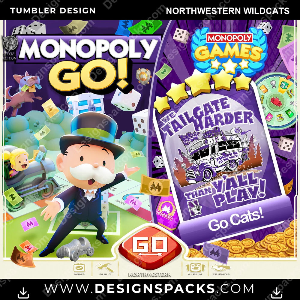 College Sport Monopoly Go! Northwestern Wildcats NCAA College Sport Tumbler Digital Wrap Design Download