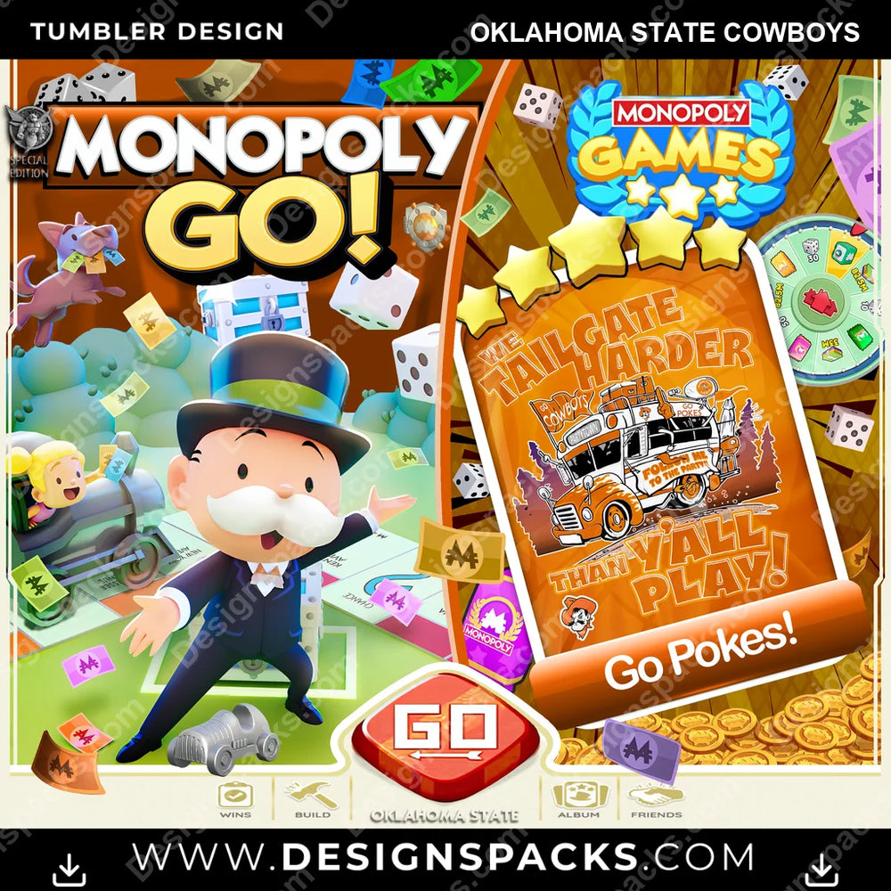 College Sport Monopoly Go! Oklahoma State Cowboys NCAA College Sport Tumbler Digital Wrap Design Download