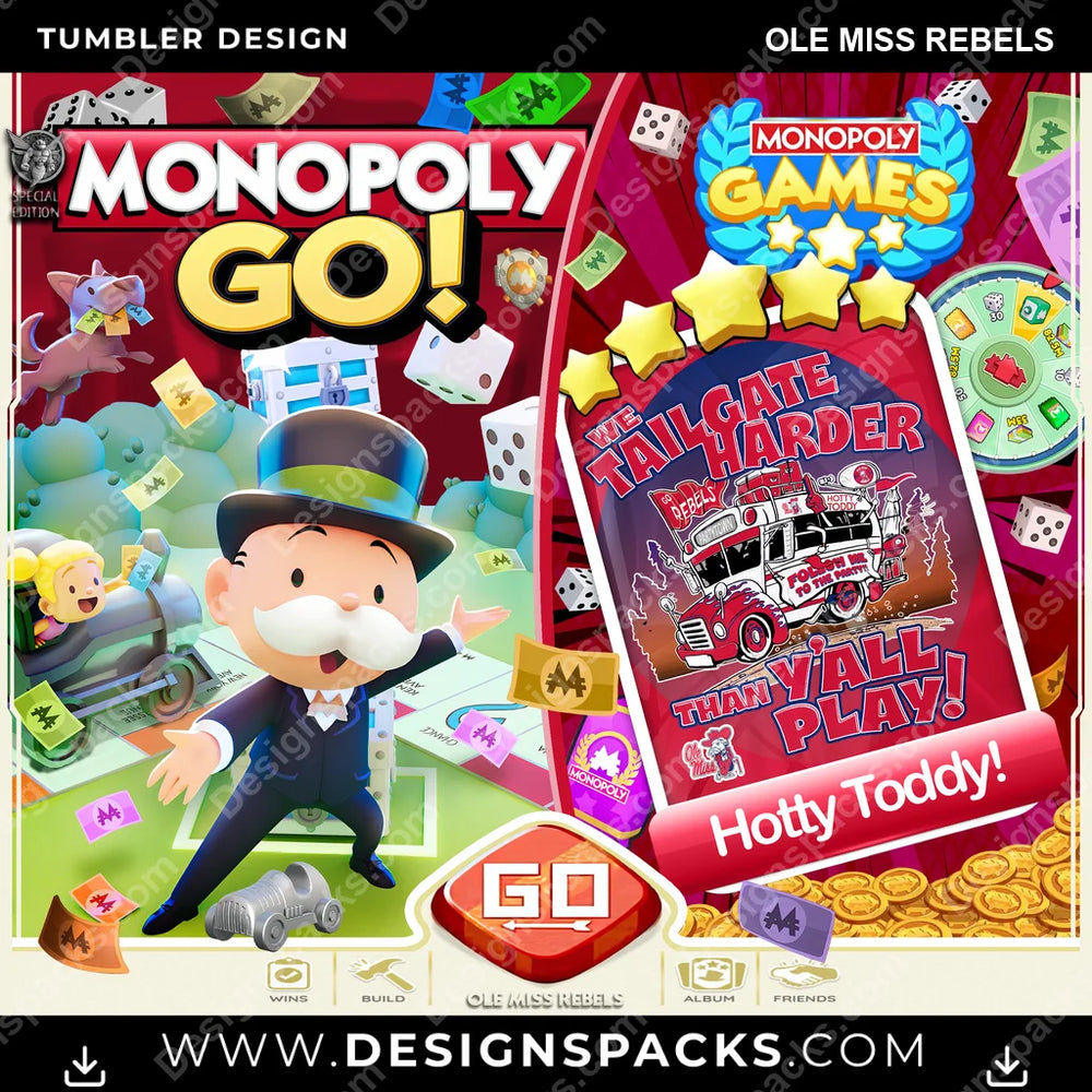 College Sport Monopoly Go! Ole Miss Rebels NCAA College Sport Tumbler Digital Wrap Design Download