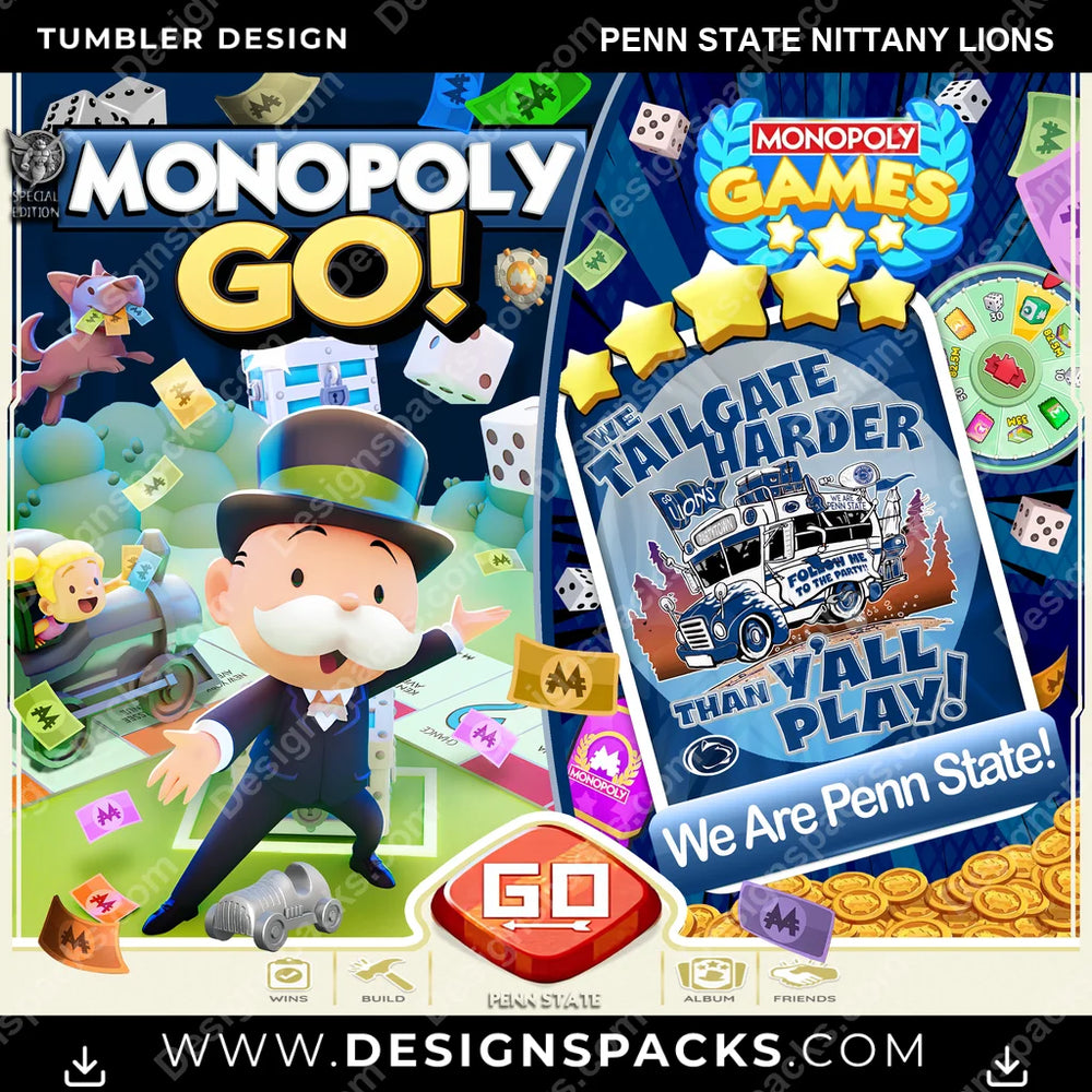 College Sport Monopoly Go! Penn State Nittany Lions NCAA College Sport Tumbler Digital Wrap Design Download