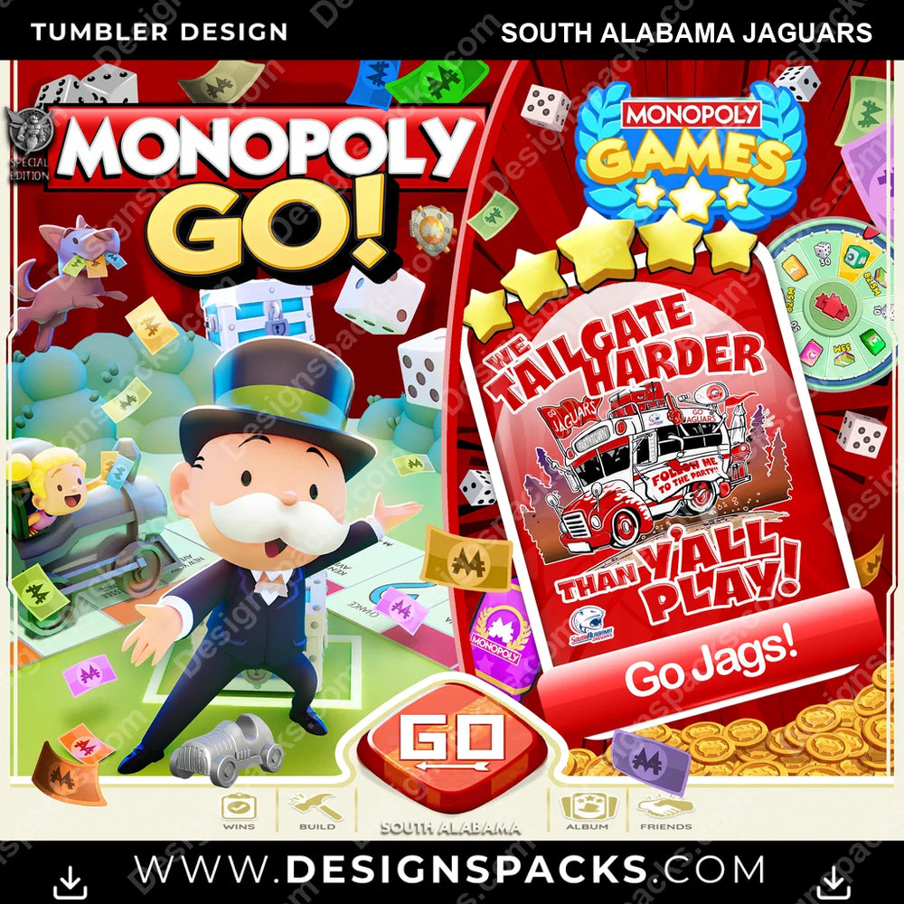 College Sport Monopoly Go! South Alabama Jaguars NCAA College Sport Tumbler Digital Wrap Design Download