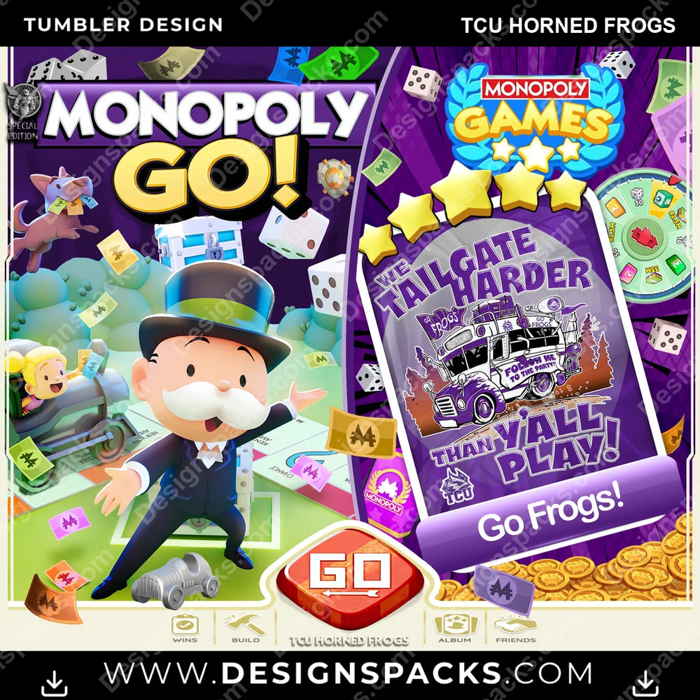 College Sport Monopoly Go! TCU Horned Frogs NCAA College Sport Tumbler Digital Wrap Design Download